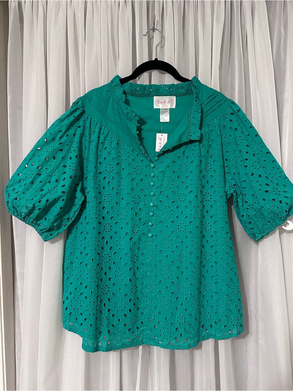 Top it Off Green Eyelet Puff Sleeve Half Button Cotton Blouse Size XL